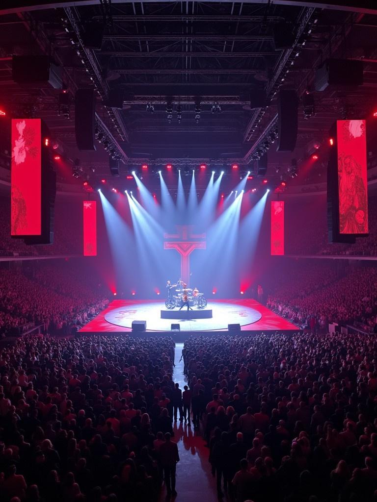 Travis Scott performs at Madison Square Garden. The stage features a T-shape design. A drone captures the view from above. The location is filled with fans. Dramatic red lighting sets the scene. A large cross is illuminated in the background. Enthusiastic crowd enjoys the performance.