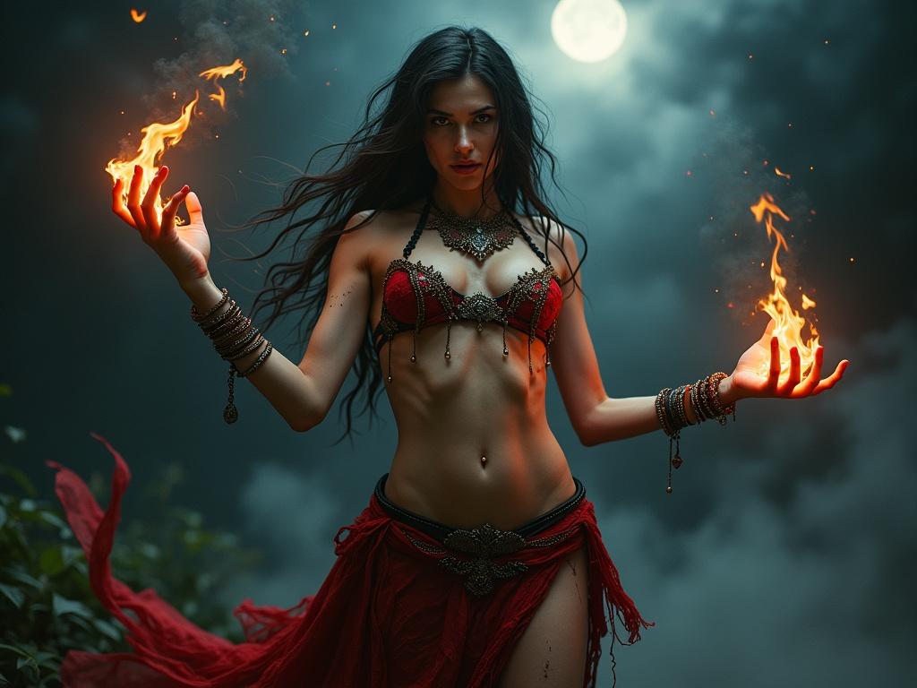 A dark sorceress casting a spell. She has flames in her hands. Wearing a jeweled bikini top and a flowing red skirt. Adorned with bracelets and anklets. Surrounded by mist with a small moon behind her.
