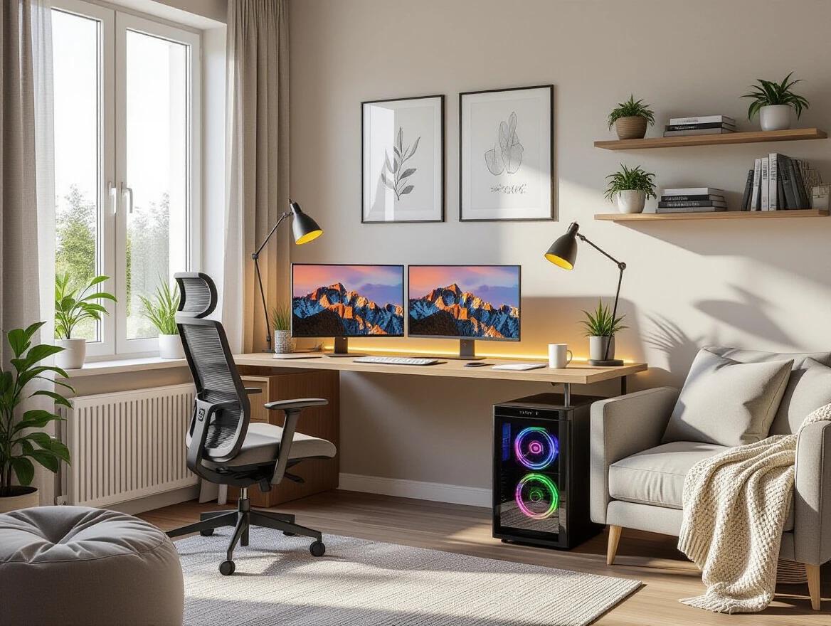 Realistic compact room interior enclosed by four walls. Large window on the left side lets in soft natural daylight. Warm ambient lighting with gentle shadows creates a relaxing atmosphere. Cozy modern work-from-home setup includes a wooden desk, dual monitors, sleek PC tower with subtle RGB glow. Features ergonomic mesh chair, desk lamp with soft warm glow, coffee mug and notepad on desk. Background shows comfy fabric sofa and soft bean bag nearby. Plush rug under the desk enhances comfort. Workspace is cable-managed and includes minimalistic shelves with books and plants. Wall art and framed pictures add character. Light bounces naturally off walls creating a serene vibe with subtle dust particles in sunlight. Realistic textures combine with ultra-detailed lighting and materials for a relaxed yet productive ambiance. Clean and lived-in aesthetic emphasized.