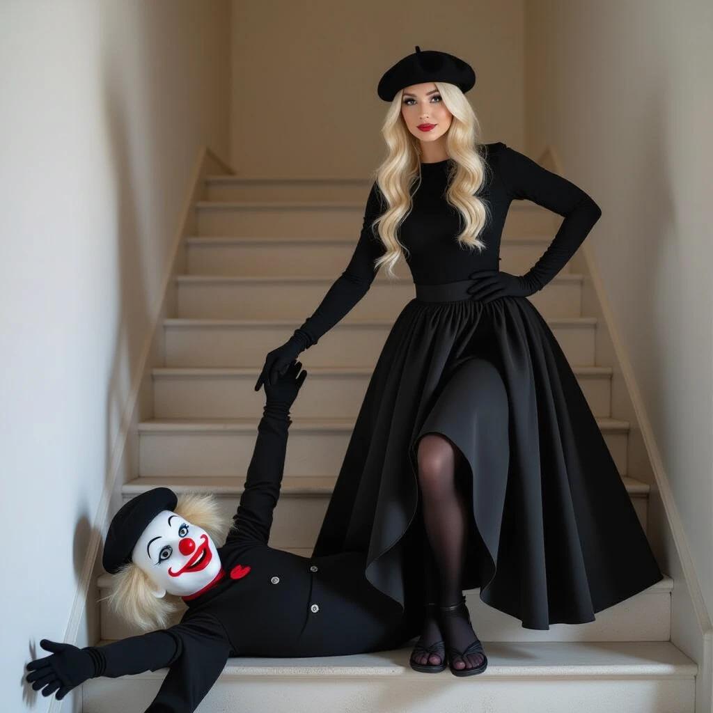 Portrait of a serious blonde woman in black clothing descending stairs. She wears a long-sleeved black top long black skirt and black accessories. A clown-like puppet is sprawled on stairs. Dark room atmosphere emphasizes the scene.