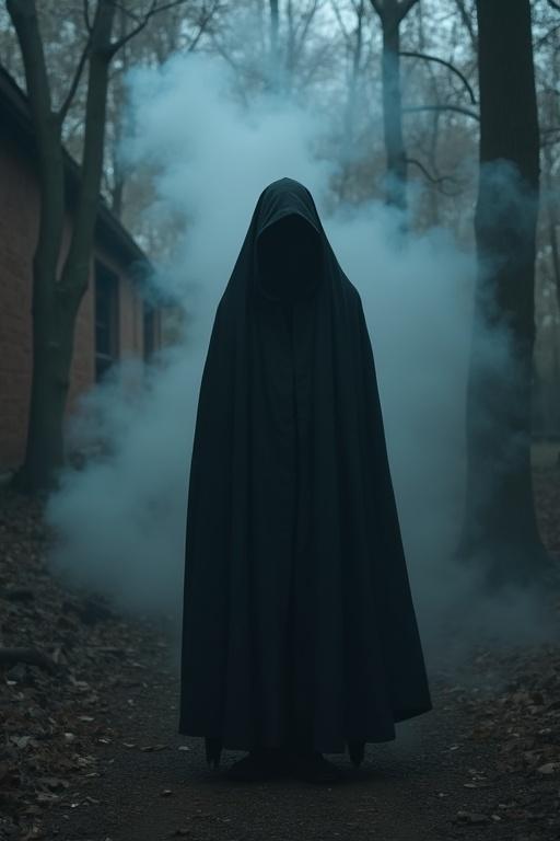 Cloaked figure stands in a forest. Smoke swirls around. Urban brick walls are in the background. The setting creates an eerie atmosphere. The scene evokes suspense and tension.