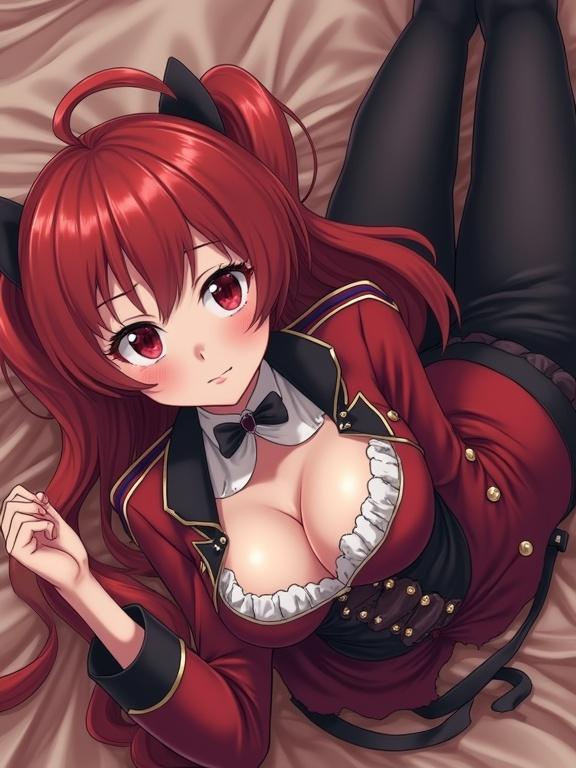 Anime character dressed in cosplay outfit lying elegantly on her side on a bed. Character has long red hair with ribbons and a striking outfit. The scene is soft and warm with focus on the character's features.