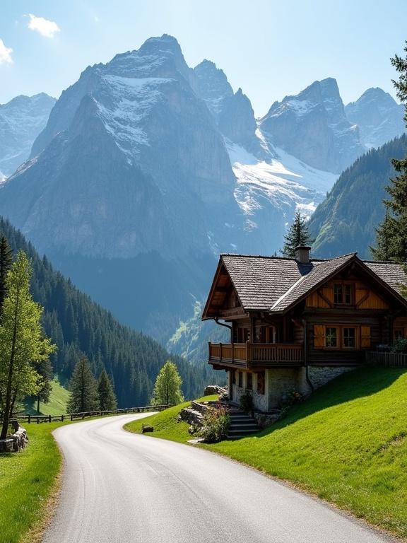A wooden chalet features a balcony in the foreground. It is surrounded by mountains. The peaks are snow-capped and rugged. Greenery partially covers the cliffs. The scene includes bright sunlight. A road is in front of the chalet. A camera pans to capture serene beauty.