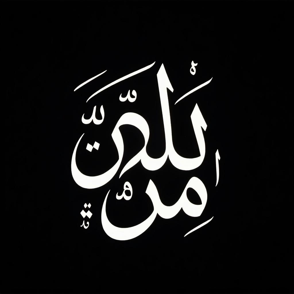 Stylized Arabic calligraphy in white on black background. Fluid and expressive characters with loops and curves. Intricate design emphasizing depth and grace. Modern interpretation of traditional art blending creativity and culture.