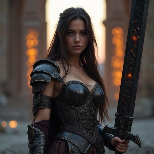 A beautiful female warrior stands before a ruined gothic temple. She has dark brown hair with crimson streaks. Wears revealing dark metal and leather armor. Armor shows battle scars and warrior emblems. Holds a large black sword with glowing engravings. Ash drifts in the air at dusk.