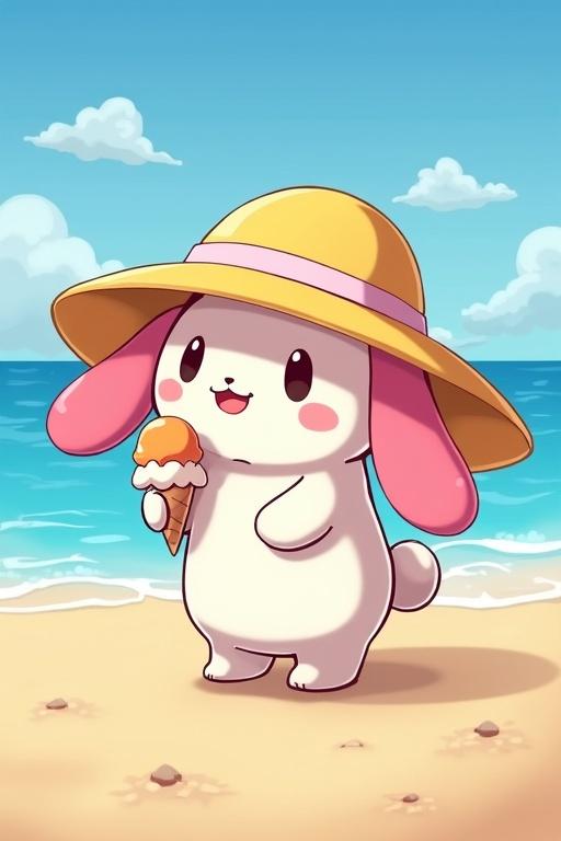 Cinnamoroll at the beach with a sunhat on. Holding ice cream cone. Bright sunny background with ocean waves.