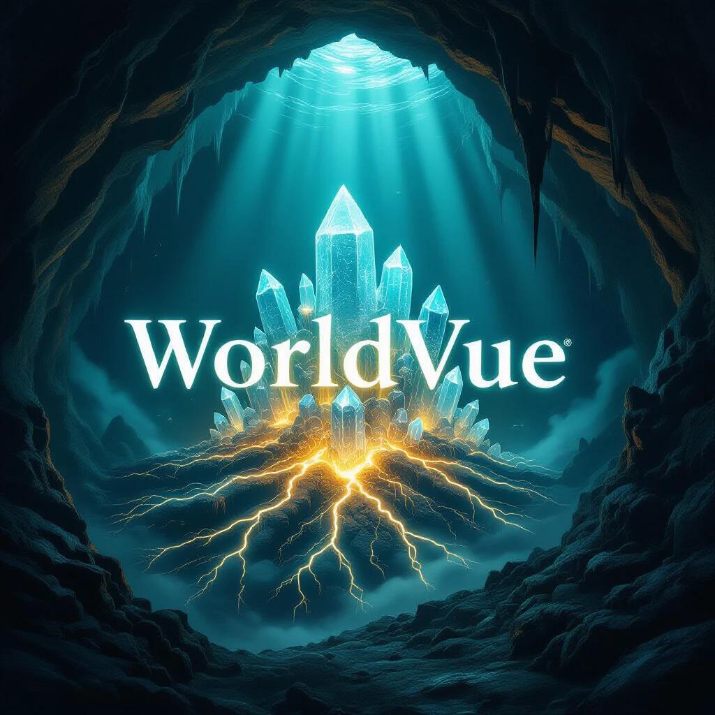 Concept art featuring the word WorldVue illuminated by glowing roots and crystals underground. Luminous structures pulse with energy. Light casts shadows in a dark cavern. Aesthetic merges dark fantasy with sci-fi.