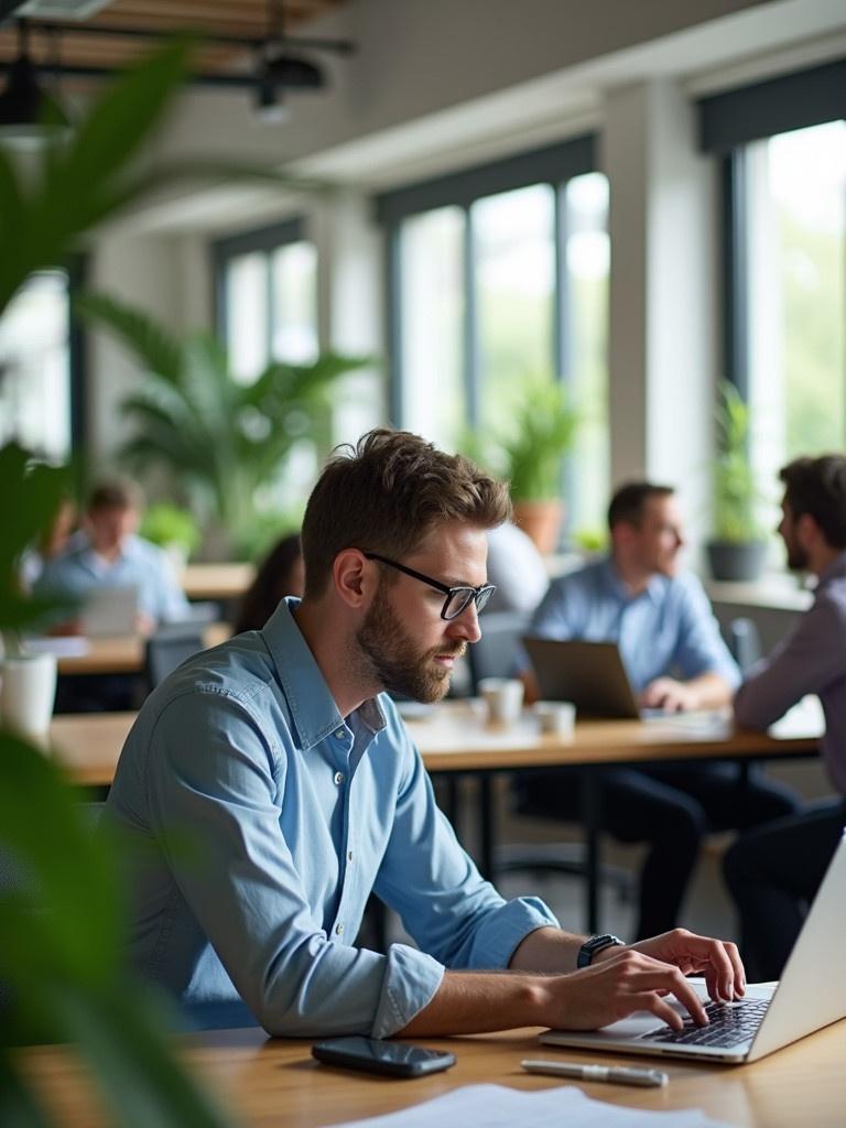 Professional office environment with multiple people working. A man is focused on typing at his laptop. Bright natural light illuminates the space. Potted plants enhance the vibrant atmosphere. Others are engaged in work and discussions nearby.