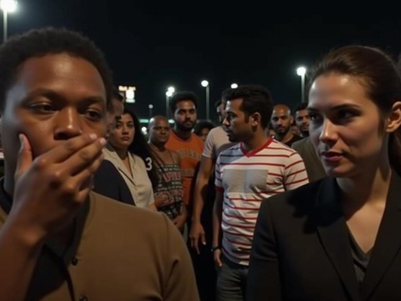 The image shows a group of people gathered on a city street at night. The lighting is bright with street lamps and vehicle headlights illuminating the scene. In the foreground, two individuals have their faces obscured, with one person holding their hand near their face. Behind them, there are several others, some in casual clothing, including a person in a red and white striped shirt. The atmosphere suggests a social gathering or event, with a mix of individuals interacting in an urban environment.