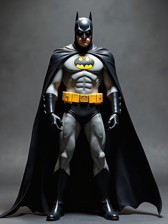 Batman character from 1986 depicted in full body. Heroic pose showing detailed musculature and costume.