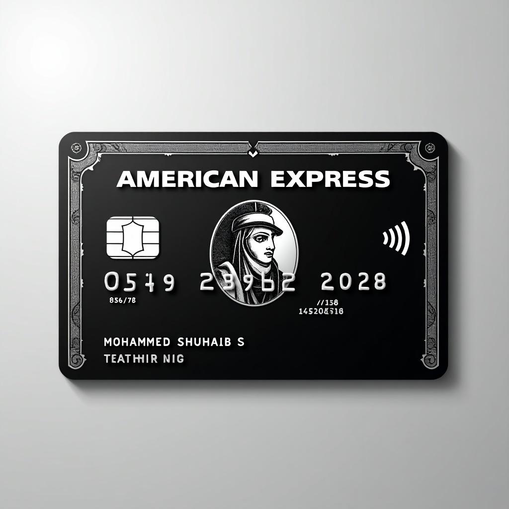 Image of a realistic black American Express credit card with a prominent Visa logo. Cardholder name Mohammed Shuhaib S and expiry date March 2028 are clearly visible. The background is silver with a bold black font for a modern elegant feel.