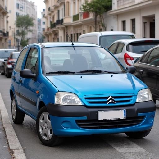Citroen C2 model from 2005 painted in blue with a black roof. The car is parked in an urban setting. It is a compact vehicle popular for city driving.