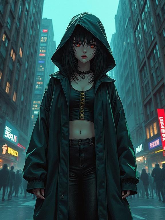 A low angle full body view of a girl in a dark hooded jacket. She has striking red eyes, exuding confidence. The urban scene is moody with neon lights around. A sense of a hacker mastermind is portrayed. Emphasis on her costume and posture.