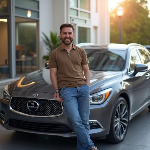 Image of a happy car owner standing next to a new luxury car. The scene is bright and features the owner smiling confidently. The car is parked in a well-lit area adorned with greenery.