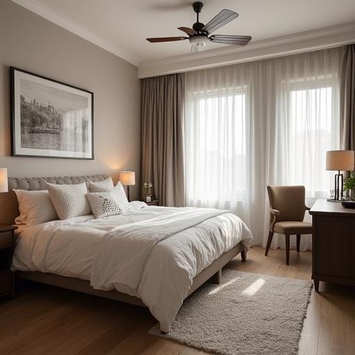 A modern bedroom featuring a cozy bed with decorative pillows, a desk for study, and large windows with soft curtains. The room is beautifully lit by natural light and has a neutral color scheme with wooden accents.