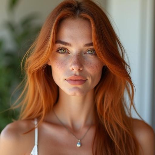 Portrait of a woman with long red hair and freckles. Very fair skin with a cool rosy undertone. Light golden brown almond-shaped eyes. Thin nose and naturally smooth light pink lips. Soft waves of hair, parted left. Minimal natural makeup, athletic hourglass figure. Seen in a naturally lit environment.