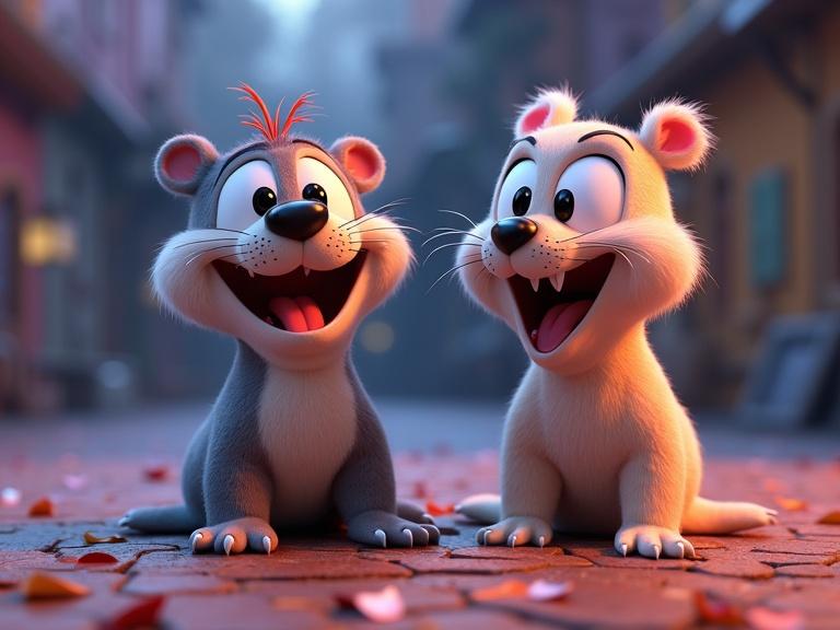 Two animated seals in a vibrant setting. They have joyful expressions and are designed in a high-detail cartoon style. The scene is colorful and lively, capturing a playful moment between the characters.