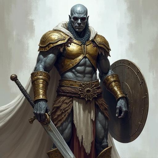 A drow warrior poses heroically. His left arm holds a one-handed mace. The right arm is protected by a buckler shield. He wears a loincloth and ornate golden bracers.