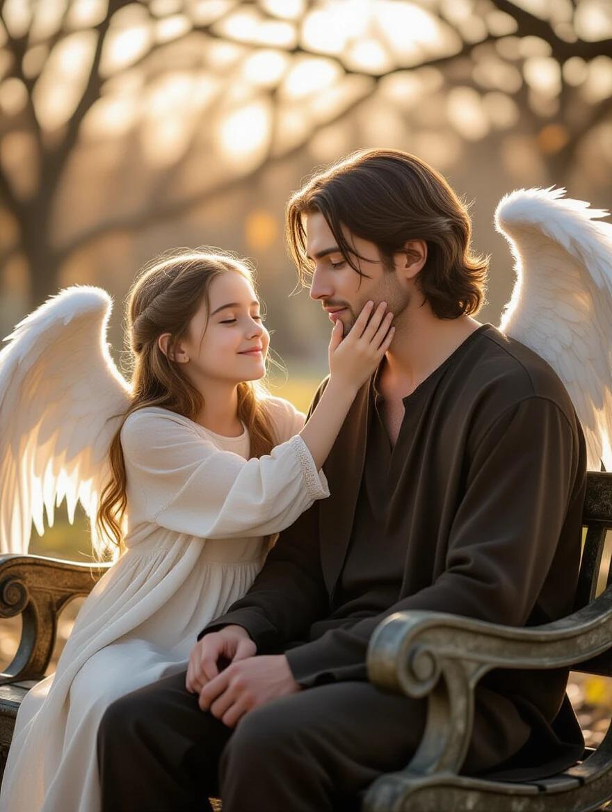 A girl touches the face of a man. The girl has closed eyes and a serene smile. The man appears surprised and vulnerable. They sit on an old stone bench in a park surrounded by withered trees. Soft golden light enhances the scene.