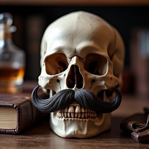 Close-up image of a detailed masculine skull. Skull wears a groomed vintage mustache. Skull placed on rustic wooden surface. Surrounding elements are a leather-bound book and whiskey glass. Background has warm ambient lighting. Convey a sophisticated Father's Day theme with space for text 'HAPPY FATHER'S DAY.'