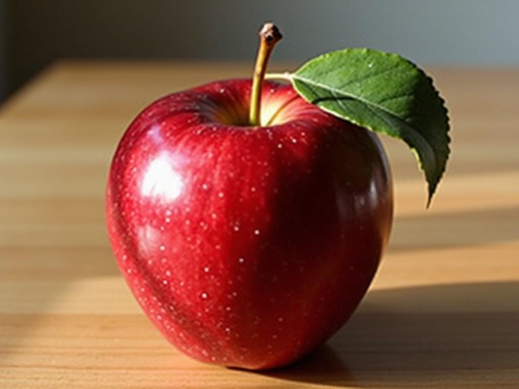 The image showcases a vibrant red apple resting on a wooden table. A fresh green leaf is attached to the apple's stem, adding a pop of color. Natural light highlights the apple's smooth texture and glossy surface. The composition emphasizes the apple as the main subject, making it visually appealing. This image represents health, freshness, and the enjoyment of fruit.