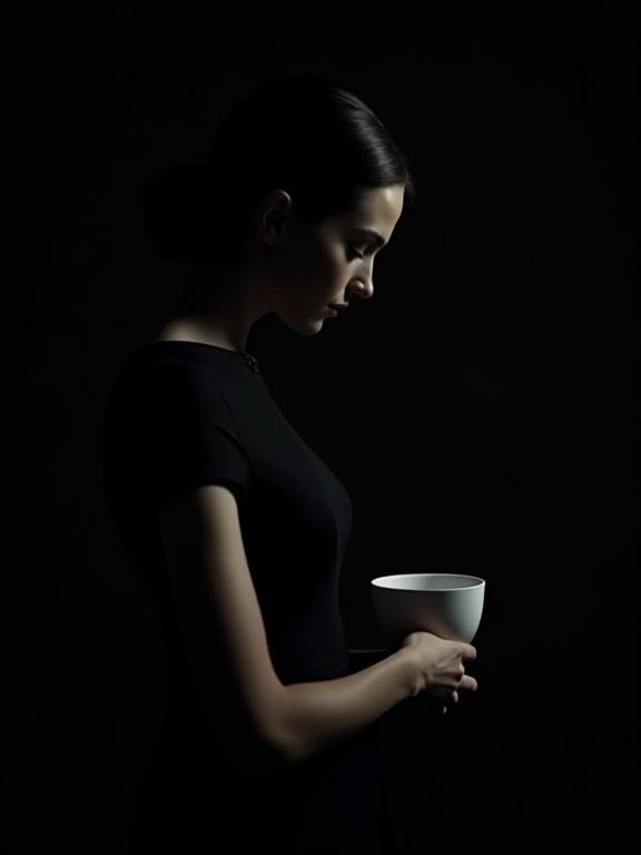 Cinematic scene featuring a woman in dark silk dress holding a white tumbler. Pitch-black background with chiaroscuro lighting. Emphasis on elegance and sensuality. Focus on the contrast between the dress and tumbler.