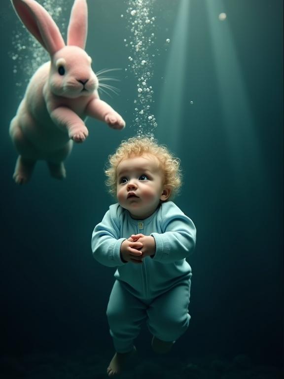 Underwater scene featuring a curly blonde baby in a light blue onesie. Baby submerged in dark water surrounded by bubbles. A large pink rabbit swims towards the baby holding them gently. Sunlight beams filter through the water. Atmosphere conveys tenderness and companionship.
