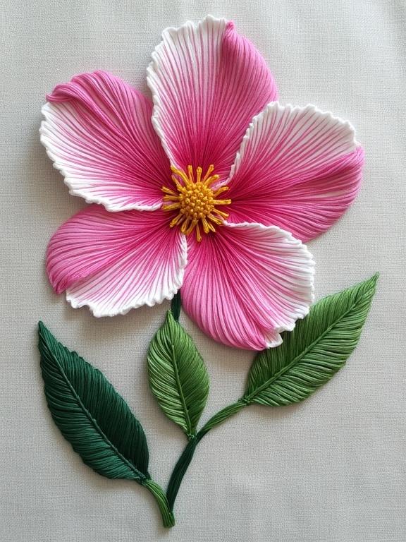 Intricately embroidered flower on fabric. Pink blossom with green leaves. The flower petals transition from deep pink to white. Center with yellow threads. Leaves range from light to deep green. Stitch direction mimics natural forms. Background in light grey fabric. Balanced composition with a three-dimensional aesthetic.