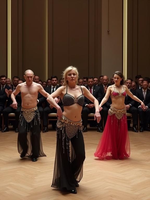 A modern indoor event hall with polished floors and LED lighting. Center stage performers in glittering belly dance costumes. Serious expressions on recognizable political leaders. Rows of formal spectators in modern chairs clapping and whispering. Surreal atmosphere rendered realistically.