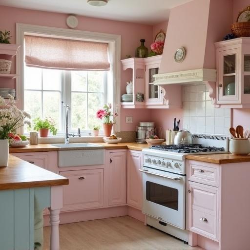 Charming shabby chic kitchen featuring light pink accents and floral decor. Natural light fills the space through a window. Provides a cozy and inviting atmosphere with vintage elements. Contains wooden surfaces and pastel colors.