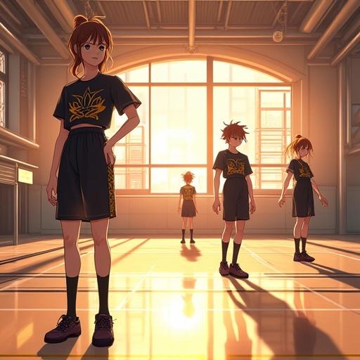 Anime scene set in a modern gymnasium at Aquamarie Setsuka Kamakiri Academy. Students engaged in physical education. Futuristic atmosphere with golden lighting and stylish clothing.