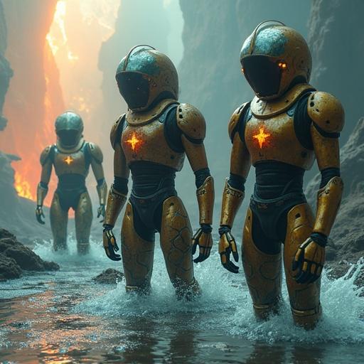 Scene in a vivid landscape under dream-like lighting. Two robots stand in shallow water. The environment has fantastical elements with shimmering water. Characters showcase a mix of ancient and modern fashion styles. The scene has an eerie yet alluring atmosphere.