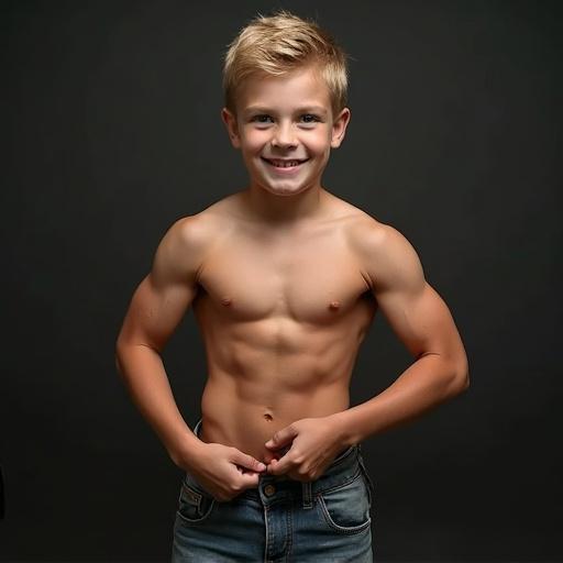 Realistic photo featuring a muscular 10-year-old boy with blond hair and a confident pose. The boy is shirtless and wearing denim jeans, displaying a strong physique with toned muscles. Background is dark to highlight the subject.