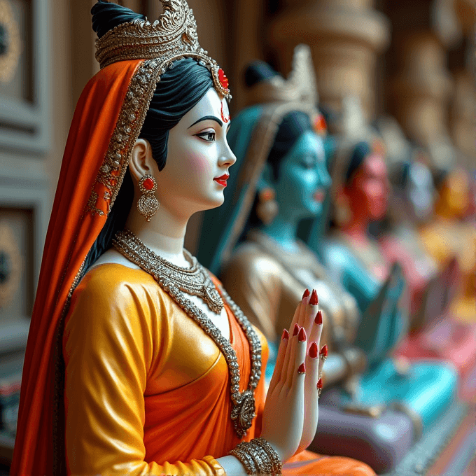 A series of intricately detailed statues, each featuring a woman adorned in vibrant traditional attire, praying with closed eyes.