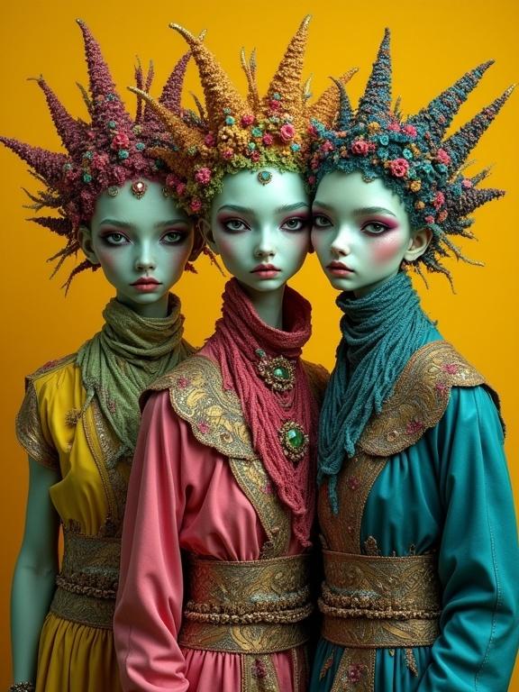 A surreal portrait of three exquisite figures in eccentric attire. The colors include shades of green, magenta, yellow, and blue with intricate details. The background is a contrasting yellow ocher and burnt sienna.