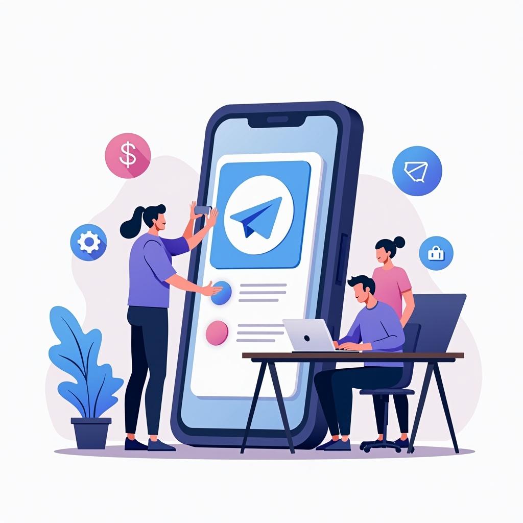 Image depicts developers working on Telegram mini app. Large 3D smartphone with modern Telegram app interface. One developer adjusts app; another works at laptop. Background includes stylized plants and app-related icons. Vibrant composition emphasizes tech-centric environment.