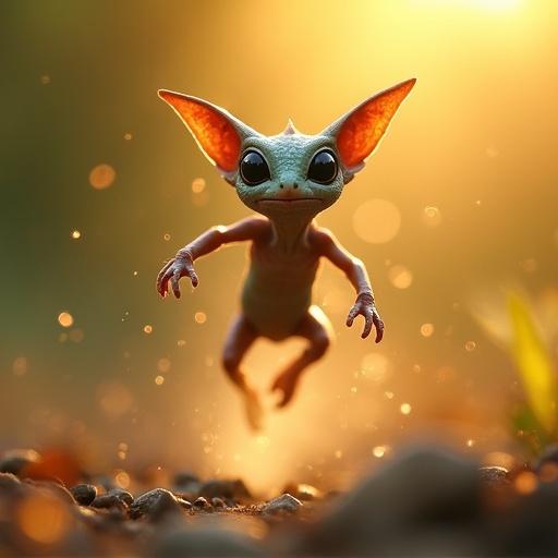 A cute alien creature leaps in a serene environment. Backlit with sunlight, creating a magical glow. Macro photography shows intricate details. Bokeh effects provide a beautiful background blur enhancing depth of field.
