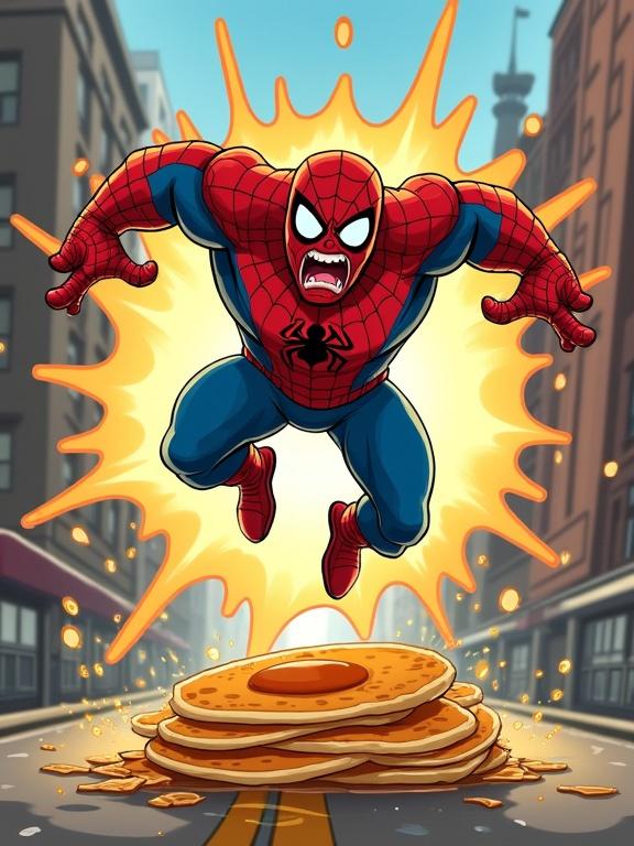 Cartoon superhero Web-Boy is launched into the air by a living pancake suit. The golden pancakes act like a trampoline, squishing and pulsing. Syrup is flying everywhere. Web-Boy is mid-air with a shocked expression. Below, the pancake suit wriggles. The background shows a warped street with crumbs and syrup trails. The scene is vibrant and chaotic.