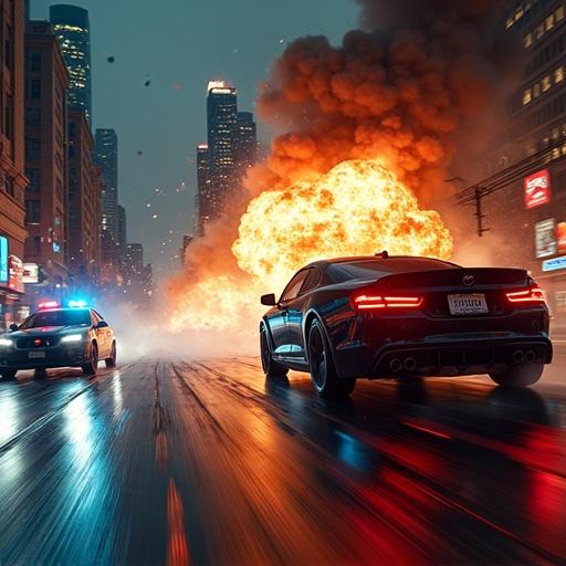 Thrilling car chase in a busy city at night. Black car races through neon lights. Police car follows with sirens. Building explodes, debris fills the air. Driver shows shock. Glass rains down. Police car skids. Black car accelerates. Fire lights up the scene.
