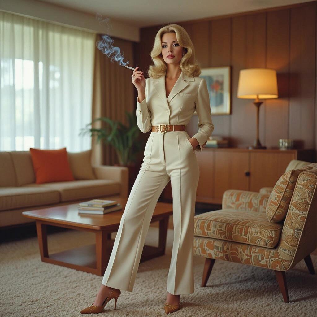 A stylish woman with blonde hair wears a light beige pantsuit. She stands confidently in a mid-century living room holding a cigarette. The room features a chic sofa and retro decor elements. Her heels are elegant and she has perfect makeup.