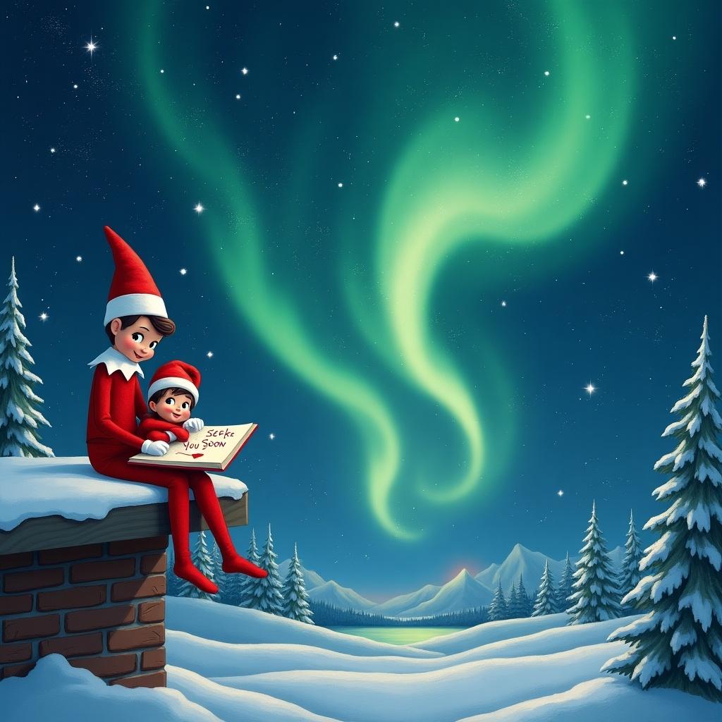 The illustration depicts an Elf on the Shelf sitting on a chimney with a child. They are looking up at a beautiful display of northern lights in the sky. The elf is writing a message in the snow that reads 'See You Soon Tate and Peyton'. Snow is gently falling around them, adding to the magical atmosphere. The scene includes pine trees in the background and a serene winter landscape. The colors are vibrant and evoke the joy of the holiday season.