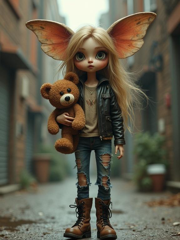 Digital art image features a pixie fairy marionette doll in an alley. Doll has wide-eyed expression and large wings. It wears a leather jacket, ripped jeans, and combat boots. Holds a teddy bear. Atmospheric setting with blurred background.