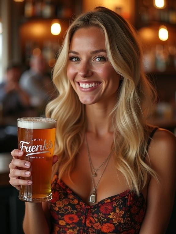 A woman smiles while holding a glass of beer in a bar setting. She wears a dress with floral patterns. The background is softly lit with a cozy atmosphere.