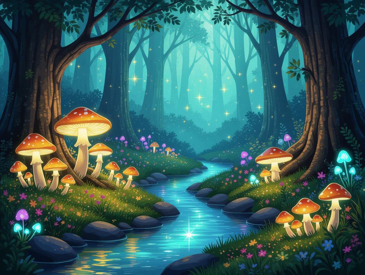 An enchanted forest scene with luminous mushrooms lining a sparkling stream. A magical atmosphere permeates through dense trees and lush flora. Brightly colored mushrooms emit a soft glow. A winding stream reflects the light creating a whimsical visual experience.
