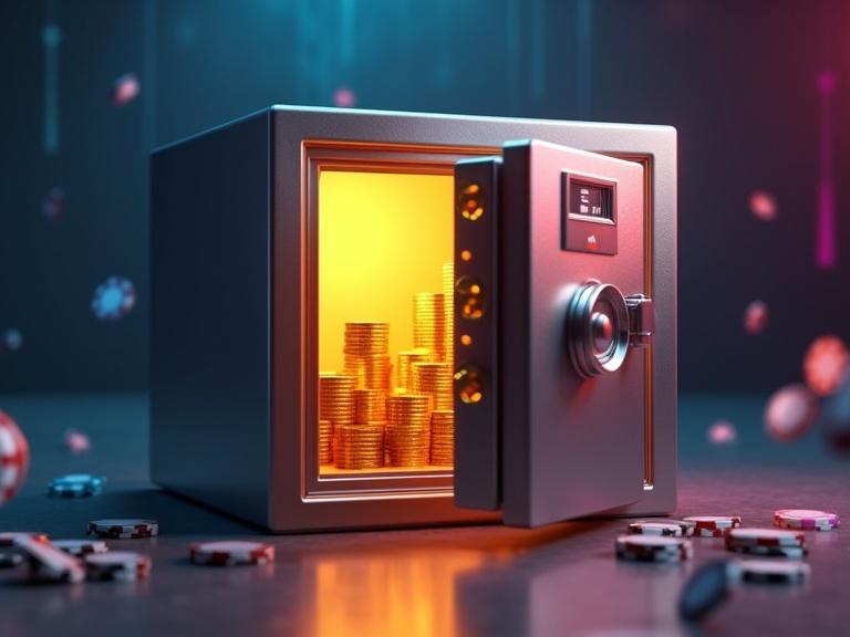 3D security vault rendered with steel surfaces and round lock captured from low angle. Slightly open door reveals glowing stacks of golden coins emitting warm light. Light spills outward reflecting floating poker chips in foreground. Background features indigo, blue, and magenta with motion blur lines. Scene uses side lighting and shallow depth of field for emphasis.