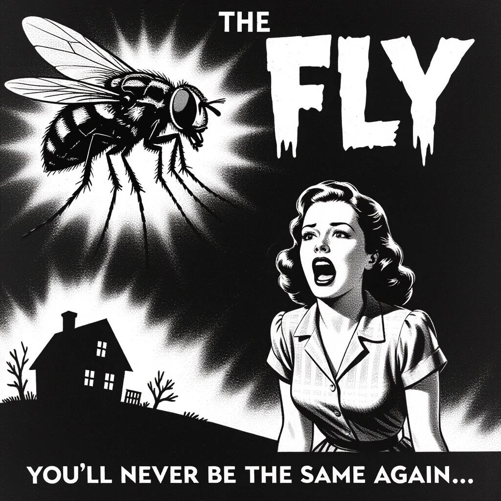 Inspired by the style of 1940s horror posters. Image of a giant fly in the upper left corner. A small woman screaming in the lower right corner. Title of the song 'The Fly' in the center. Subtitle 'You’ll never be the same again...'. Phrase 'Transformation is... beautiful.'