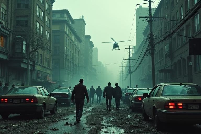 Nightmarish urban landscape with a grotesque horde of zombies. Crashed cars scattered around. A lone helicopter in the distance. Fog and low lighting create chaos.