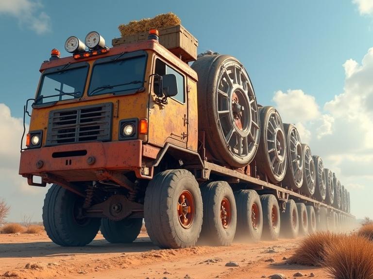 Animation features a truck with eleven wheels showing one large wheel in a desert setting