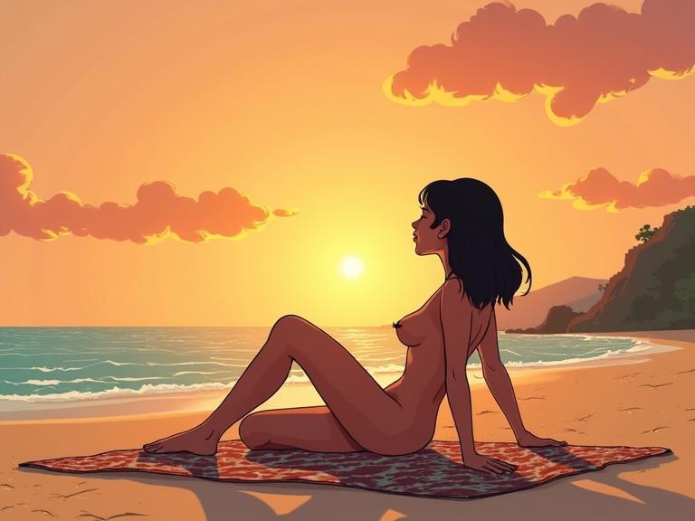 Cartoon woman sunbathing on the beach. Woman is naked, sitting on a blanket. Background showcases a sunset over the ocean. Illustrative style inspired by various artists.