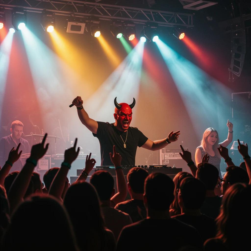 A concert scene with audience engaged in vibrant atmosphere. Bright stage lights illuminating DJ performance. People in crowd showing enthusiasm while dancing together. The DJ evokes a devilish persona through his presence.